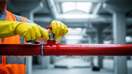 Plumber or maintenance worker in safety vest and yellow gloves turning a valve on a red industrial pipe