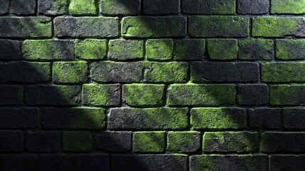 Naklejka premium Moss covered ancient brickwork wall with dappled sunlight and shadow