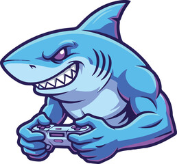 Naklejka premium Muscular blue shark mascot playing video games with controller