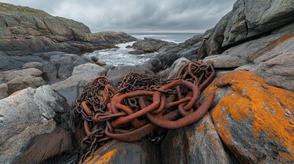 Pile of heavily rusted iron chains lying on rocky coastal shore with ocean waves under cloudy sky