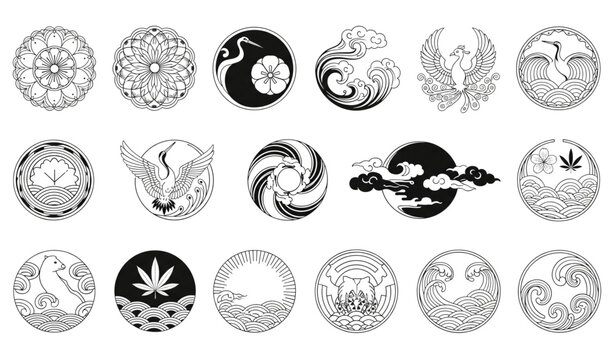 Black and white Japanese circular emblem vector set with traditional ornamental symbols isolated on white background