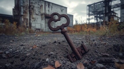Rusty iron key buried in dirt with abandoned industrial buildings in the background