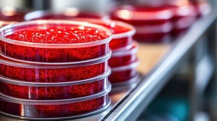 Petri dishes filled with vibrant red cultures stacked on a laboratory shelf for scientific research and analysis