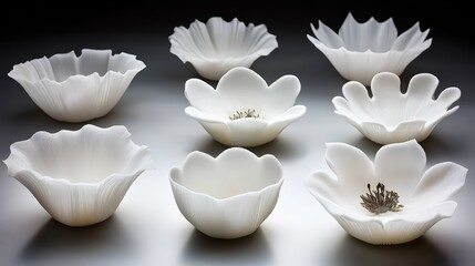 Delicate white spun sugar sculptures in intricate floral designs arranged on a table