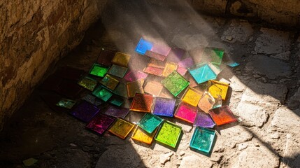 Shattered pieces of vibrant stained glass lie scattered on rough ground illuminated by dappled sunlight
