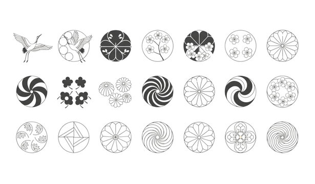 Japanese kamon inspired circular symbols vector collection in black and white isolated on white background
