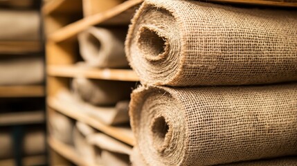 Stacks of coarse burlap fabric rolls in a corner showing natural texture and rustic material