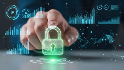 Digital security and data protection concept with a glowing padlock icon and futuristic interface elements