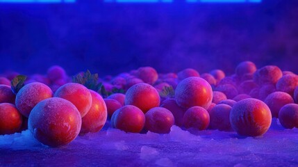 Frozen red berries covered in frost resting on a bed of ice under blue and purple atmospheric lighting
