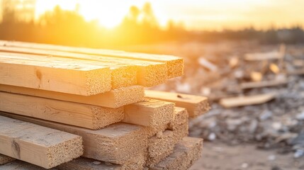Stack of raw wooden planks illuminated by warm golden hour sunlight at a construction site