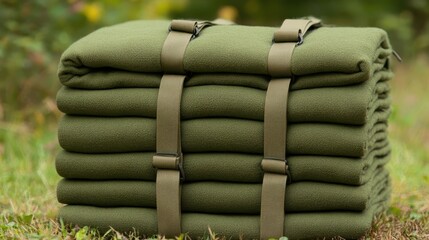 Stacks of folded green emergency blankets with securing straps resting outdoors