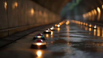 Row of illuminated ground lights glowing in the wet darkness of a tunnel with blurred reflections
