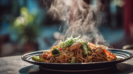 Delicious steaming stir-fried noodles served in a wooden bowl with vegetables