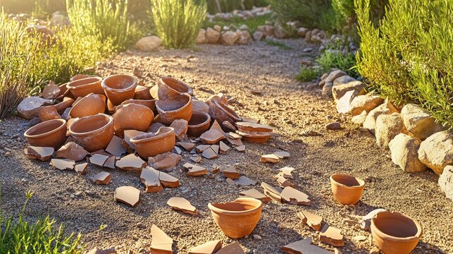 Pile of broken clay pots and cracked ceramic shards scattered on the ground in warm sunlight