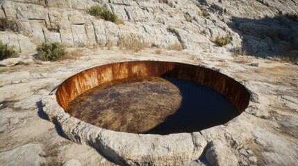 Sunken dry water well with visible rust and dry stone construction in a rocky outdoor environment