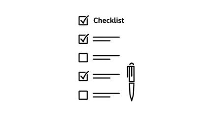Line art icon of a checklist with checked and unchecked items and a pen, symbolizing task completion and planning.