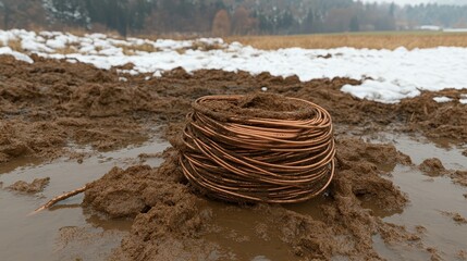 Tarnished copper wire coil resting on muddy ground with winter snow in the background