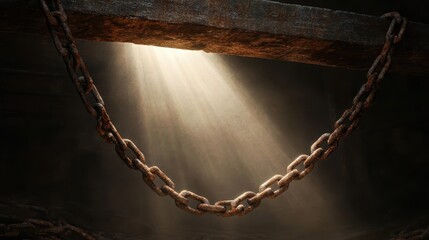 Thick rusty metal chains hanging from a wooden beam with dramatic light rays