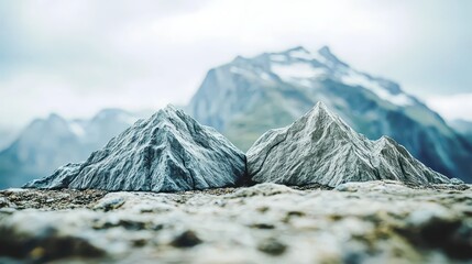 Two intricately sculpted miniature mountain ranges with rugged textured peaks stand side by side in a natural outdoor landscape with snowy mountains in the blurred background