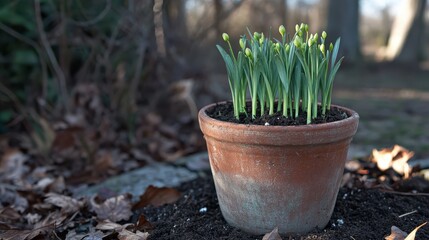 Vibrant green plant shoots emerging from buds in a textured earthenware pot outdoors in spring