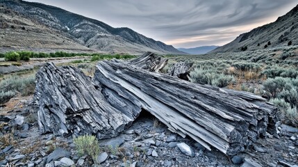 Sunbleached wood fragments slowly decaying on dry arid ground with weathered mountain landscape background