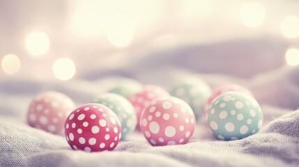 Vibrantly painted wooden toys with playful dot patterns scattered on a soft surface with bokeh lights in the background