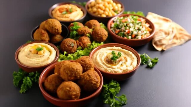 A vibrant spread of traditional Middle Eastern appetizers, including crispy falafel, creamy hummus, fresh salad, and warm flatbread, served on a dark surface.