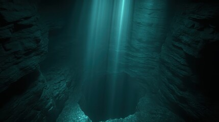Sunlight beams pierce the deep blue waters illuminating the dark entrance to an underwater cave system
