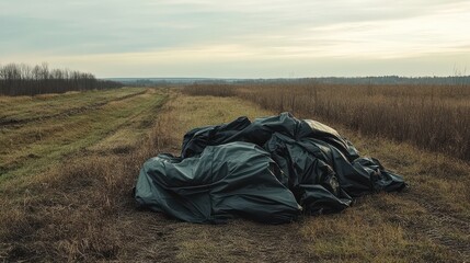 Stacks of dark multi purpose tarpaulins lie on the dry outdoor ground in a rural field under an overcast sky