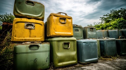Stacks of weathered empty metal fuel canisters in various colors sit precariously outdoors under a cloudy sky