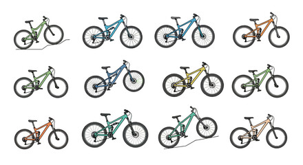 A collection of twelve illustrated mountain bikes in various colors and styles on a white background, showcasing different designs.