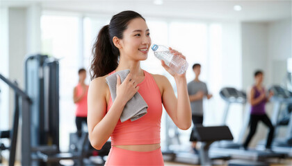 ジムでのトレーニングの合間に水分補給をする日本人女性