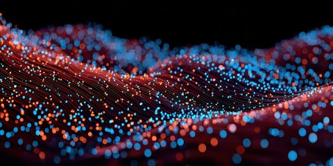 Abstract Wavy Background of Glowing Teal and Orange Particles on Black Backdrop, Simulating a Digital Landscape with Depth and Bright Illumination