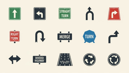 Traffic Road Signs Vector Icon Set for Navigation and Direction Guidance