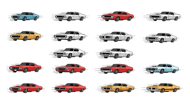 A collection of classic American muscle cars, specifically Pontiac GTOs, in various colors and states of motion, depicted in a grid on a white background.