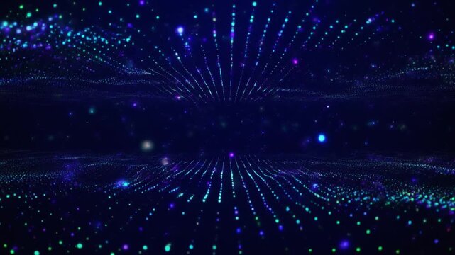 Cosmic explosion of vibrant lights and colors radiating from the center in a dark space scene viewed from a distance
