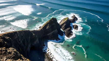 Rugged Rocky Coastline with Waves Crashing.