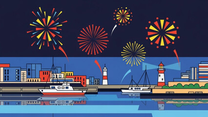 Fireworks exploding over harbor with boats and lighthouse at night, city skyline with buildings and trees in background, celebration and festivities concept