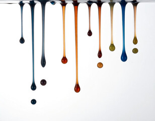 インク 滴 色彩 カラフル 粘性 透明感 抽出 落下 重力 鮮やか アート 質感 液体 混ざり合う 変化 雫 理科 実験 創造的 プリズム