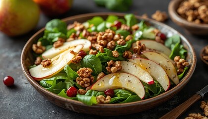 Professional food photography of a pear and apple salad with walnuts and honey
