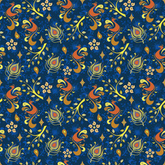 A colourful peacock seamless pattern with orange birds yellow leaves and floral elements on deep blue background in a folk art style for fabric, textile, wallpaper, wrapping paper and surface design