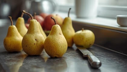 Candid indoor scene of a kitchen counter with pears apples and a sharp knife