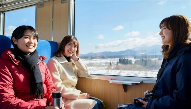 雪景色の車窓を眺めながら鉄道の旅を楽しむ日本人女性3人