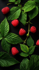 Fresh raspberries and green leaves arranged on a dark surface