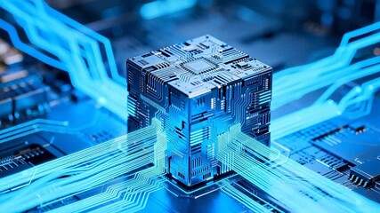 Cubical circuit board on electronic motherboard - Powered by Adobe