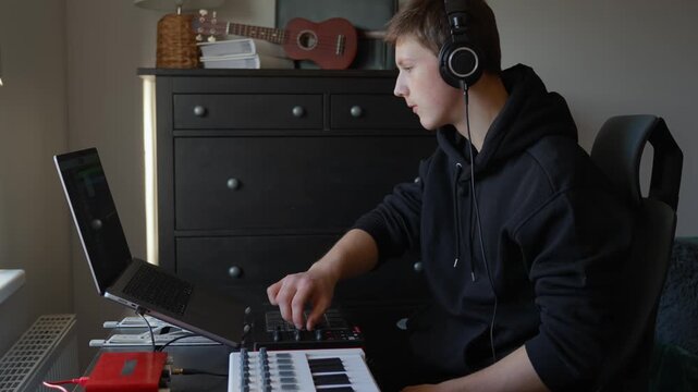 Fixed shot of a man wearing headphones, adjusting controls on a MIDI controller beside a laptop and keyboard in a home studio. A ukulele is visible in the background as he focuses on creating music.
