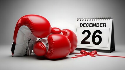 Bright red boxing gloves rest beside a desk calendar displaying december twenty-sixth with a festive red ribbon suggesting a post-holiday sporting event or perhaps the start of a new training regimen 