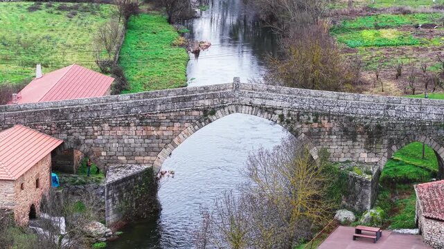 Varosa river and fortified Ucanha bridge, Ucanha village, Aerial