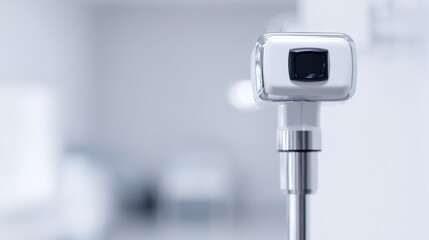 ophthalmoscope. Professional ophthalmoscope in a clean white room with clinical lighting. STEM education sheets, lab safety posters, designed for biotech research communications.