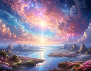 Surreal landscape with river, mountains, and celestial light